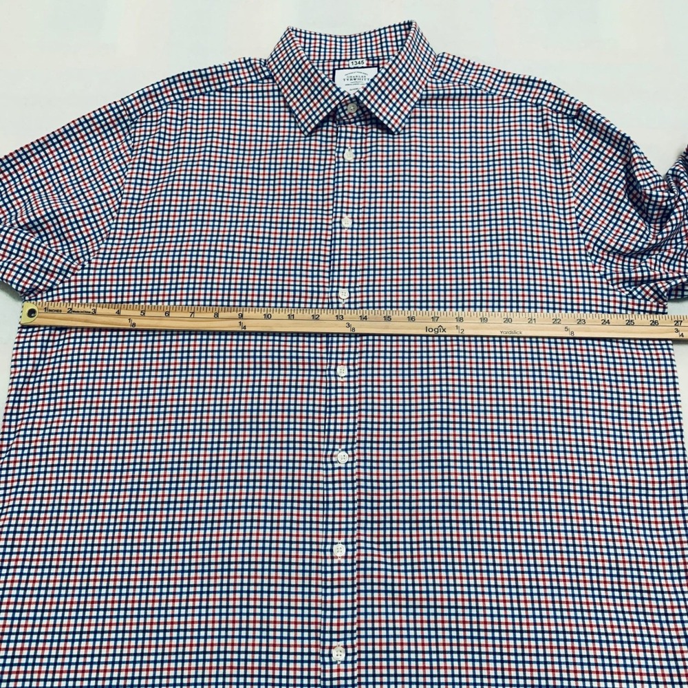 Charles Tyrwhitt Shirt Men's 18/35 Red Blue Check Long Sleeve Classic Fit Cotton - Picture 9 of 11